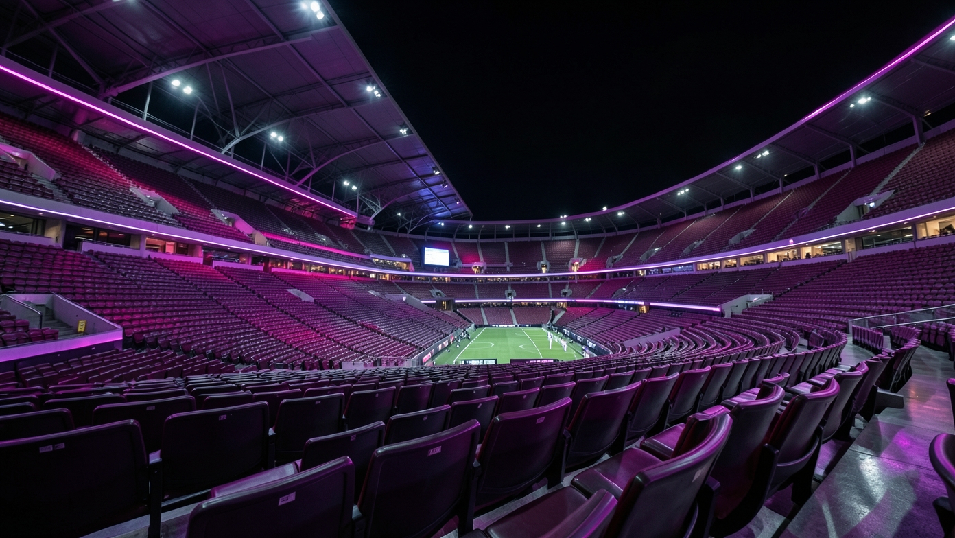 A dark, premium sports stadium atmosphere with purple and magenta lighting.